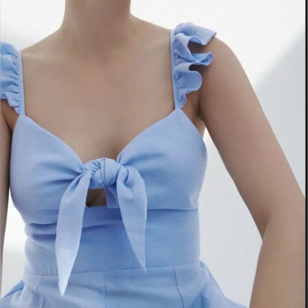 Zara Linen Blend Baby Blue Tie Front Cropped Pants Jumpsuit XS - Picture 3 of 14